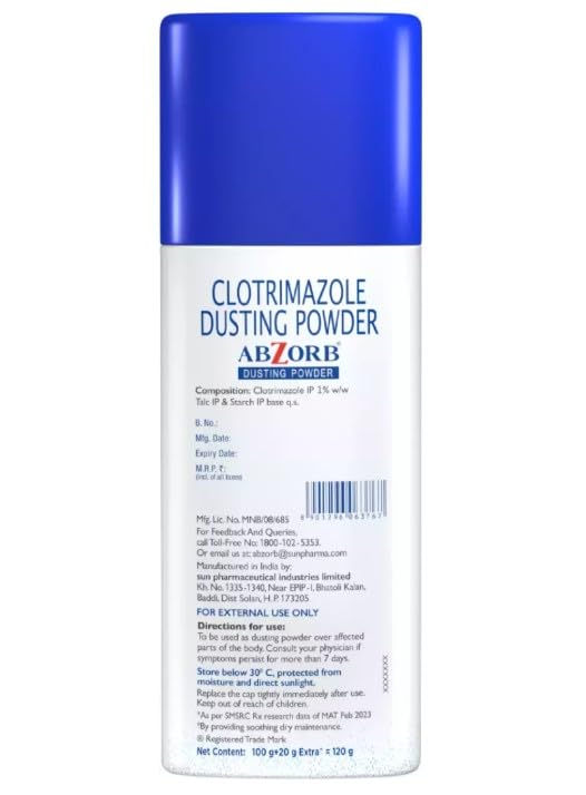 Abzorb Anti-Fungal Dusting Powder – Clotrimazole 1% | Absorbs Excess Sweat, Controls Itching & Fungal Infections | Total Skin Relief | Pack of 2 (120g Each)