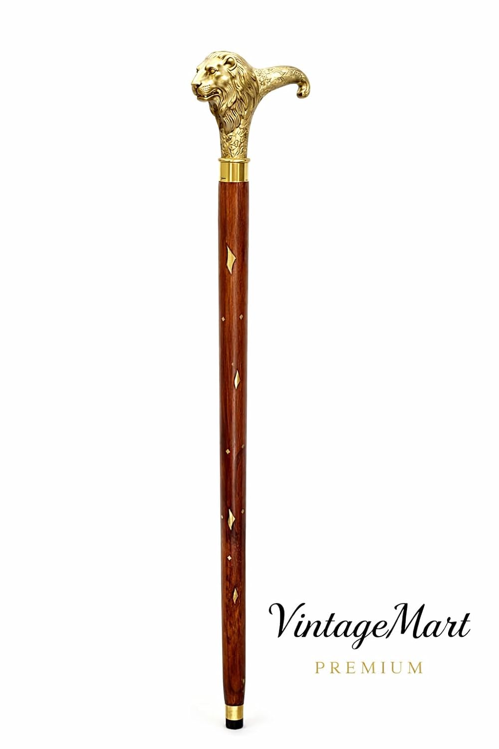 VintageMart Premium Wooden Walking Stick with Brass Lion Head Handle, Brown Wood with Brass Inlay, Foldable Cane