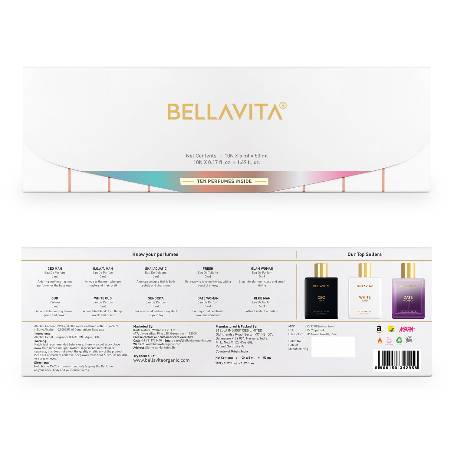 Bella Vita Luxury | Trial Pack Of 10x5ml Long Lasting Pocket Perfume for Man and Woman | Mix Of EDP, EDT & EDC Sweet, Floral, Woody, Musky & Spicy Fragrance
