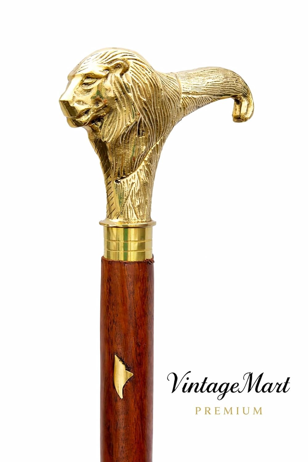 VintageMart Premium Wooden Walking Stick with Brass Lion Head Handle, Brown Wood with Brass Inlay, Foldable Cane