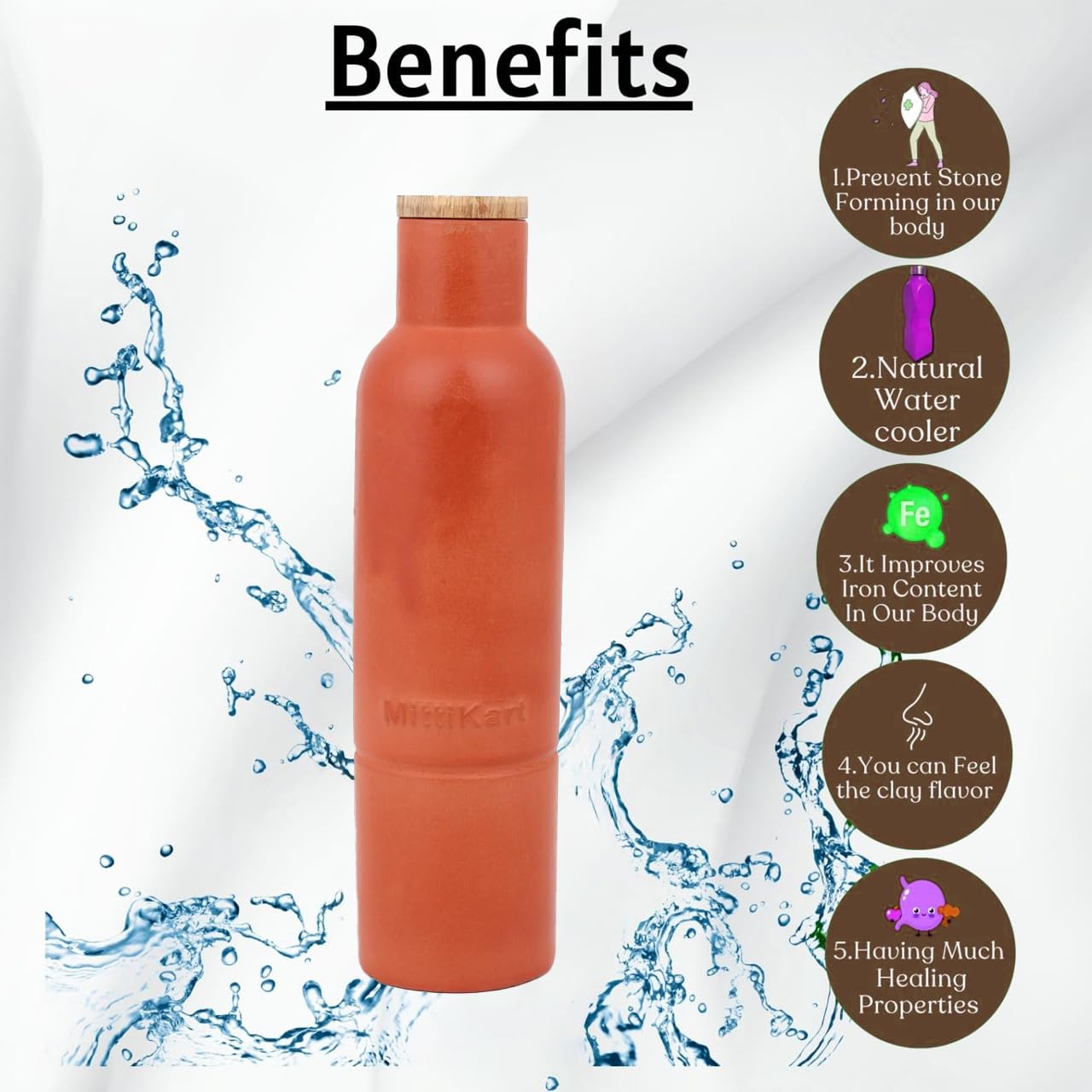 The Great Indian Store 100% Natural Terracotta Clay Water Bottle – 750 ml (25 oz) | Eco-Friendly, Alkaline | Keeps Water Cool Naturally | Made in India