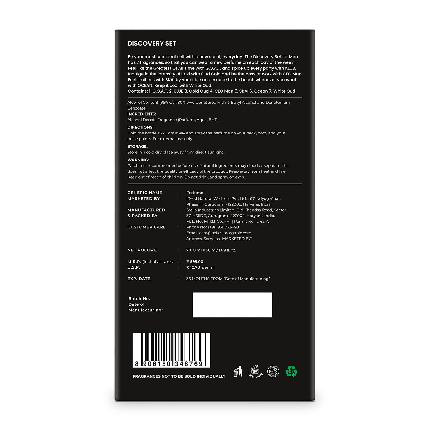 BELLAVITA Discovery | Long Lasting EDP 7x8ml Perfume Gift Set for Man | Woody, Oud and Fresh Premium Fragrance for Men | Ideal for Every Moment