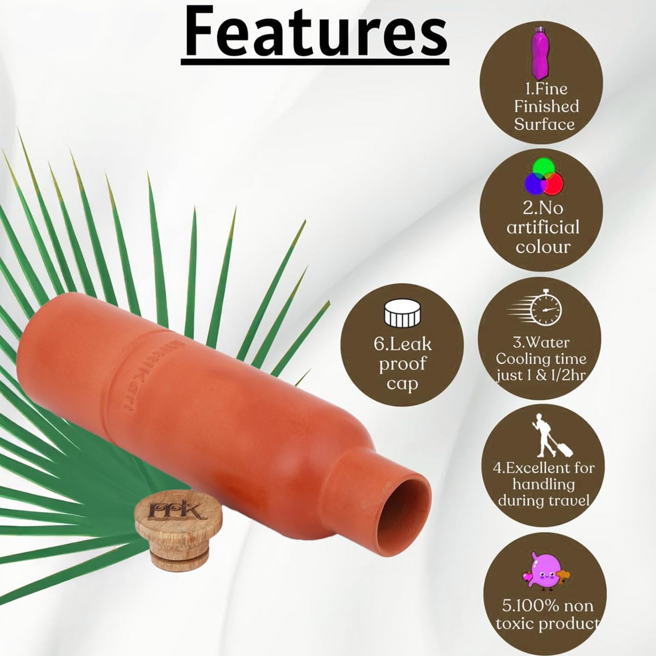 The Great Indian Store 100% Natural Terracotta Clay Water Bottle – 750 ml (25 oz) | Eco-Friendly, Alkaline | Keeps Water Cool Naturally | Made in India