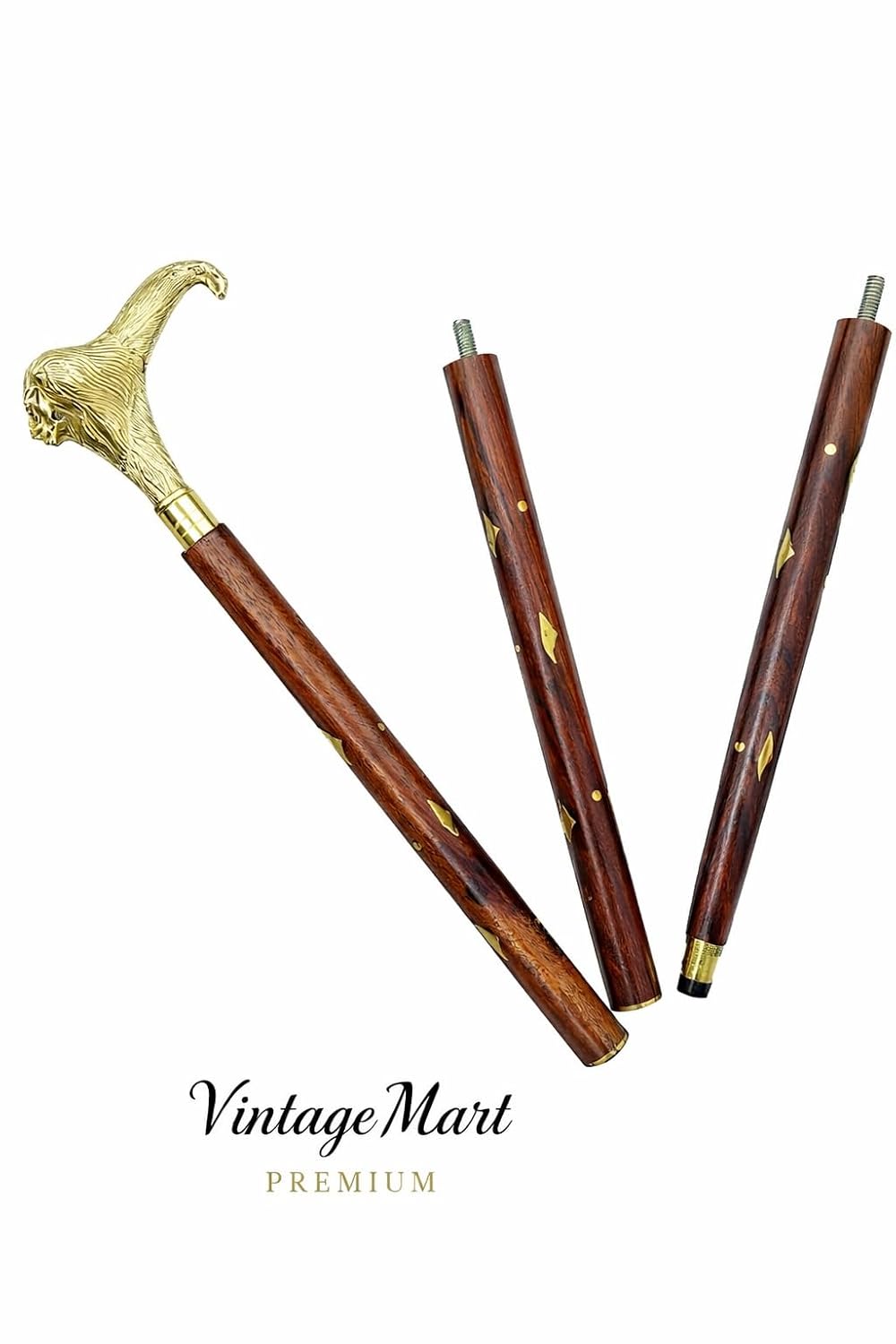 VintageMart Premium Wooden Walking Stick with Brass Lion Head Handle, Brown Wood with Brass Inlay, Foldable Cane