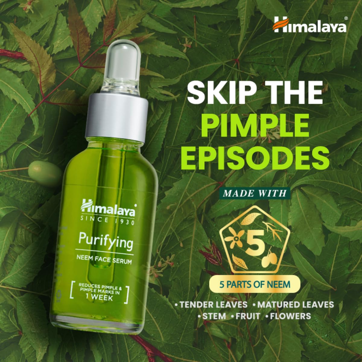 Himalaya Purifying Neem Face Serum | 2% Natural Salicylic Acid + Cica + Neem Extract | 5 Parts of Neem | Reduce Acne & Pimple Marks | 15ml (Pack of 1)