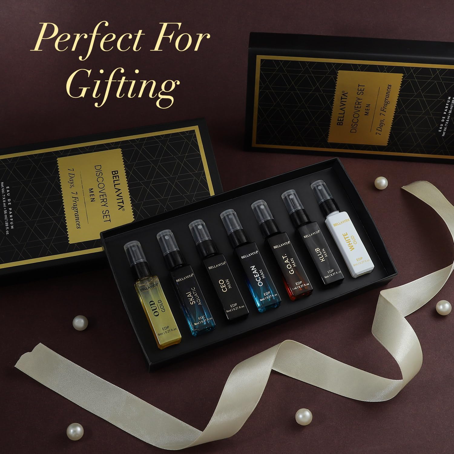 BELLAVITA Discovery | Long Lasting EDP 7x8ml Perfume Gift Set for Man | Woody, Oud and Fresh Premium Fragrance for Men | Ideal for Every Moment