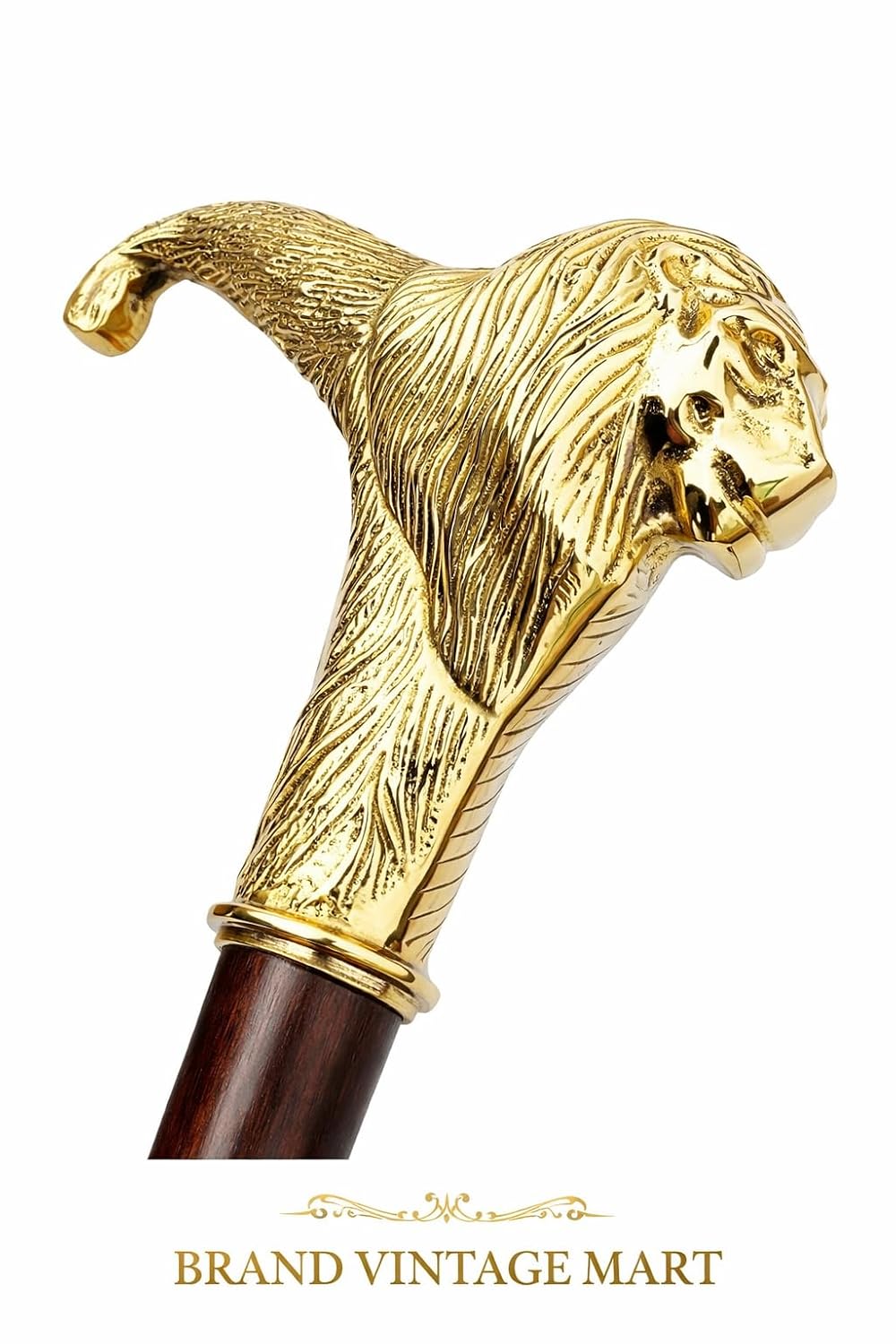 VintageMart Premium Wooden Walking Stick with Brass Lion Head Handle, Brown Wood with Brass Inlay, Foldable Cane