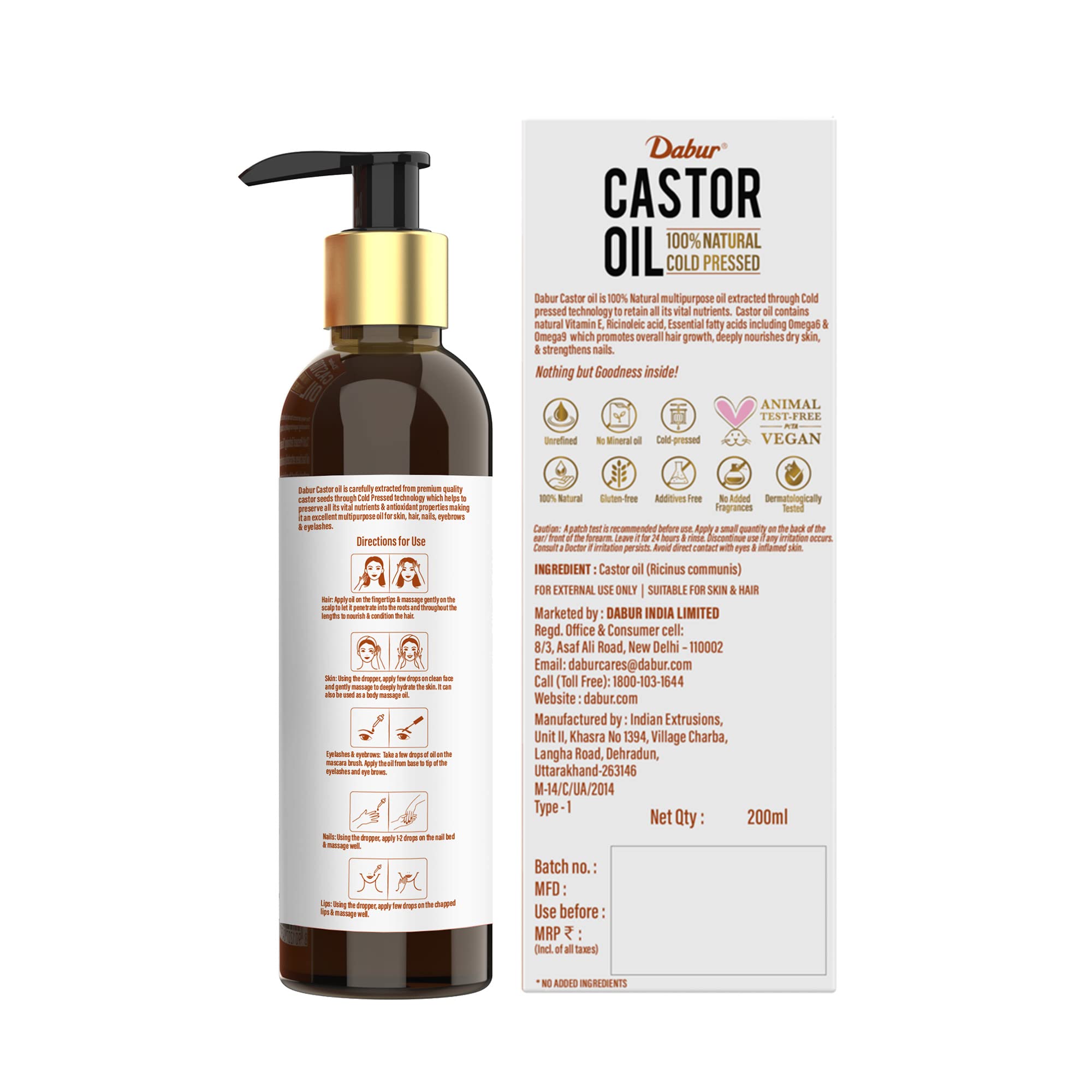 Dabur Cold Pressed 100% Pure Castor (Arandi) Oil - 200ml | Promotes Hair Growth, Hydrates Skin & Reduces Wrinkles | Rich in Vitamin E, Omega 6 & 9 | No Mineral Oil, No Hexane & No Added Silicones