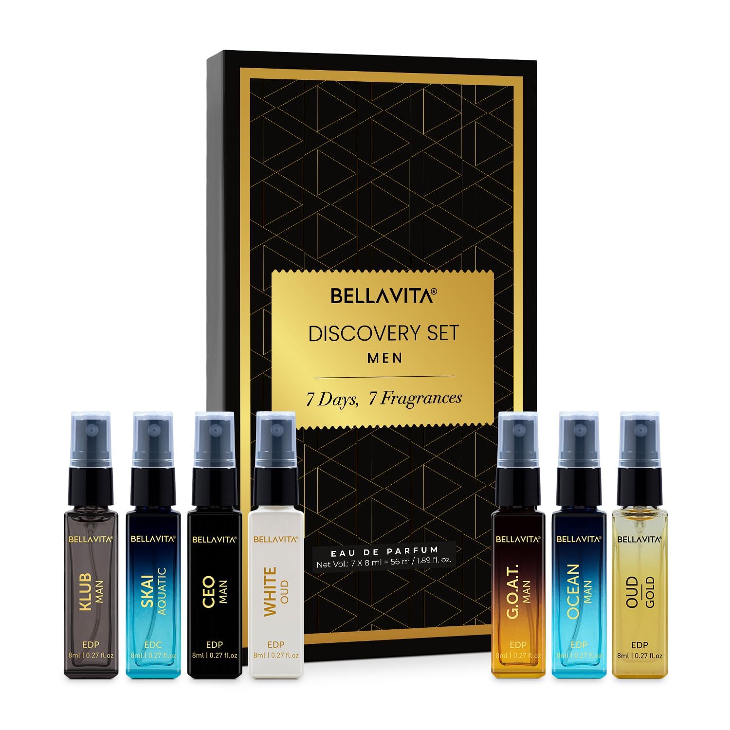 BELLAVITA Discovery | Long Lasting EDP 7x8ml Perfume Gift Set for Man | Woody, Oud and Fresh Premium Fragrance for Men | Ideal for Every Moment