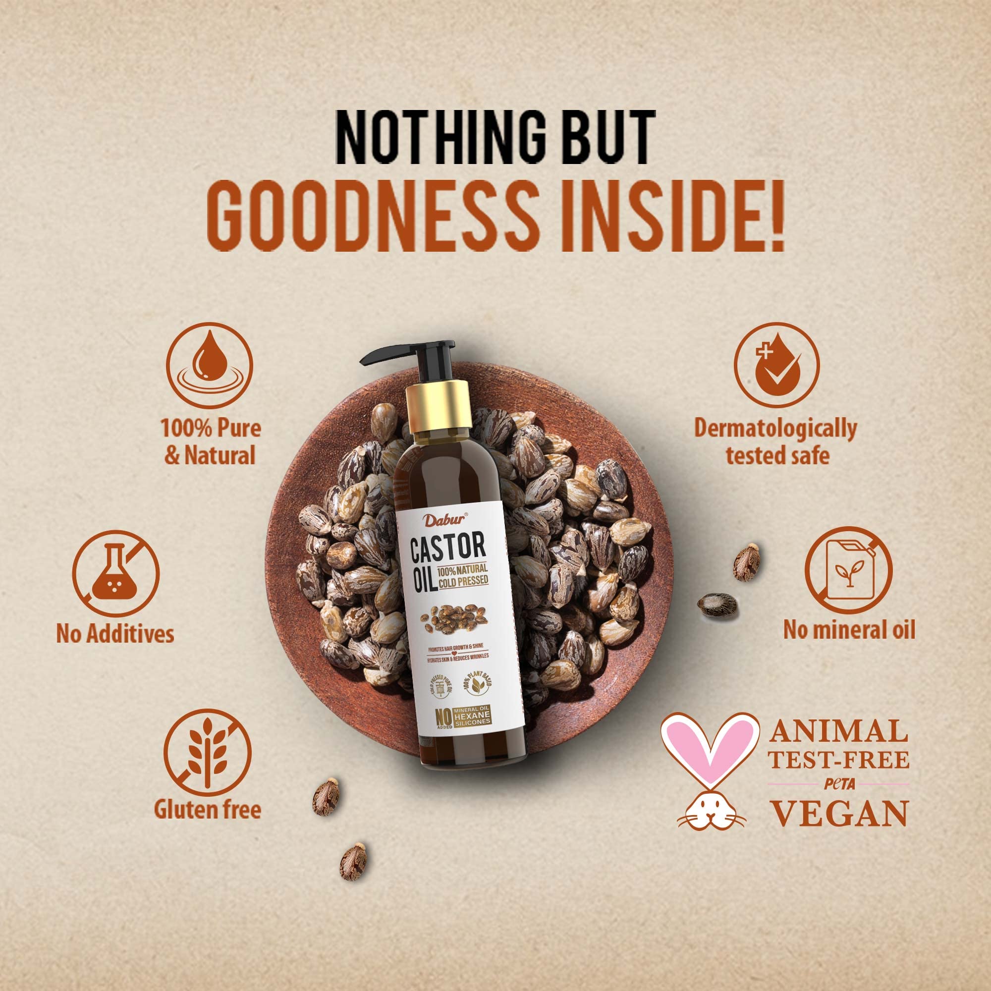 Dabur Cold Pressed 100% Pure Castor (Arandi) Oil - 200ml | Promotes Hair Growth, Hydrates Skin & Reduces Wrinkles | Rich in Vitamin E, Omega 6 & 9 | No Mineral Oil, No Hexane & No Added Silicones