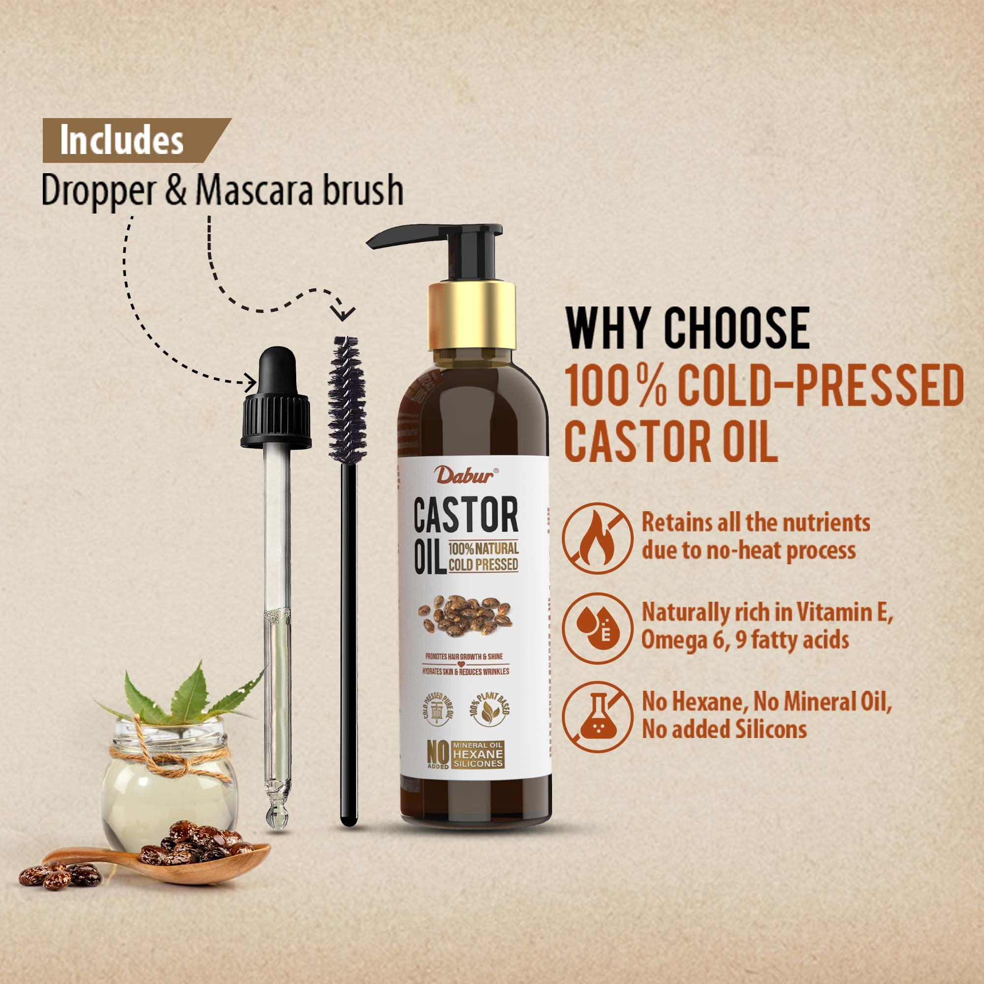 Dabur Cold Pressed 100% Pure Castor (Arandi) Oil - 200ml | Promotes Hair Growth, Hydrates Skin & Reduces Wrinkles | Rich in Vitamin E, Omega 6 & 9 | No Mineral Oil, No Hexane & No Added Silicones