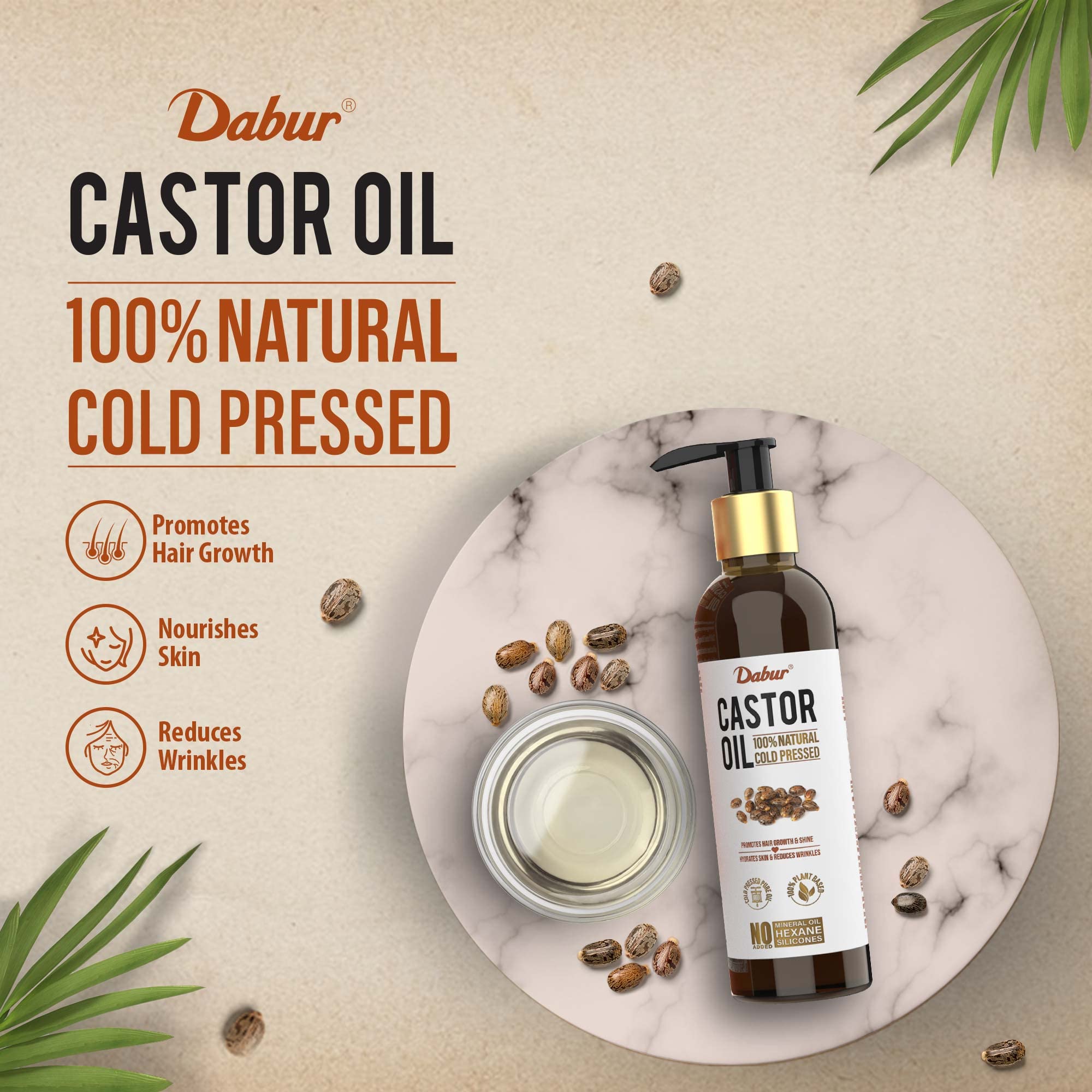 Dabur Cold Pressed 100% Pure Castor (Arandi) Oil - 200ml | Promotes Hair Growth, Hydrates Skin & Reduces Wrinkles | Rich in Vitamin E, Omega 6 & 9 | No Mineral Oil, No Hexane & No Added Silicones