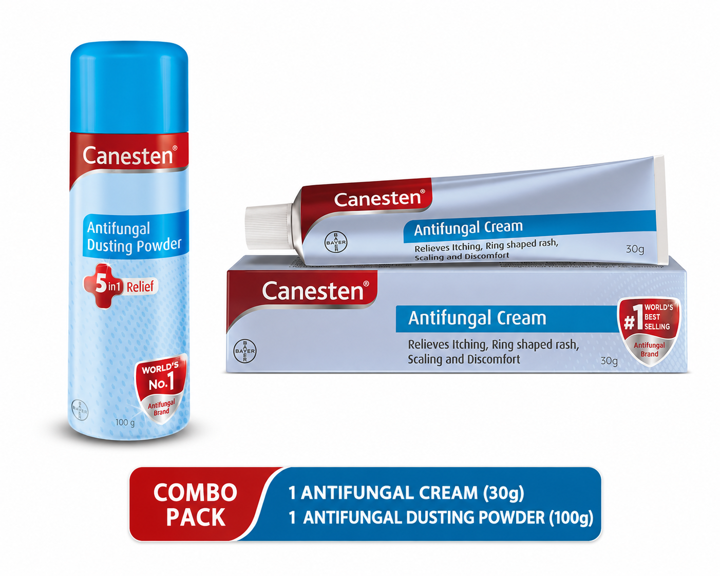 Canesten Daily Comfort Set with cream tube and powder shaker on white background skin care combo