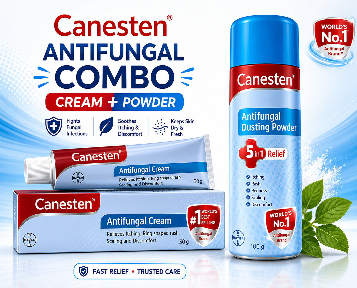 Canesten Daily Comfort Set with cream tube and powder shaker on white background skin care combo