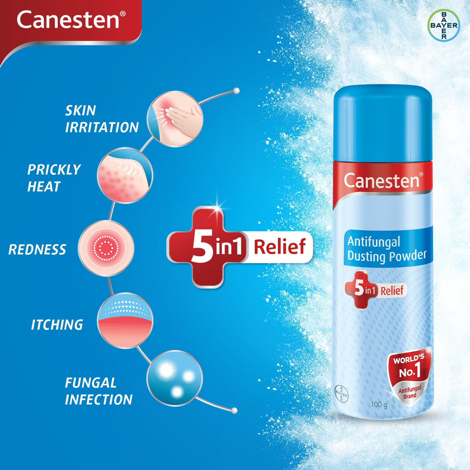 Canesten Daily Comfort Set with cream tube and powder shaker on white background skin care combo