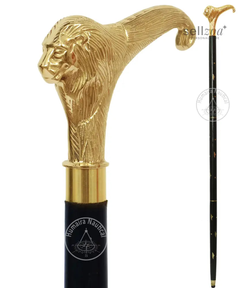 nautical-solid-brass-lion-head-handle-wooden-walking-stick-cane-817 - Sellzoa