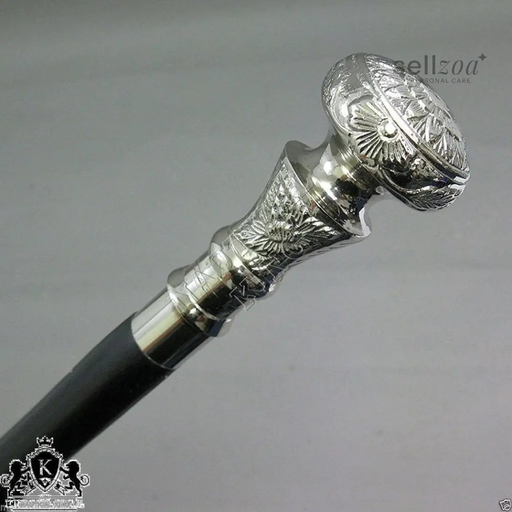 vintage-antique-walking-cane-wooden-stick-silver-brass-handle-knob-732 - Sellzoa