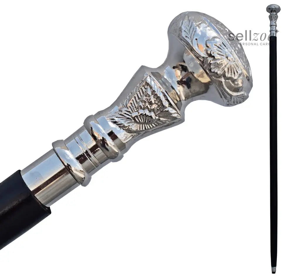 vintage-walking-cane-wooden-stick-silver-brass-handle-knob-black-wood-265 - Sellzoa